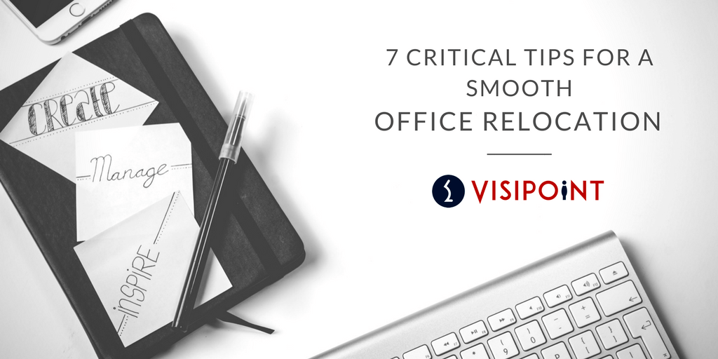 Text: 7 Critical Tips for a Smooth Office Relocation on white background with office items surrounding it