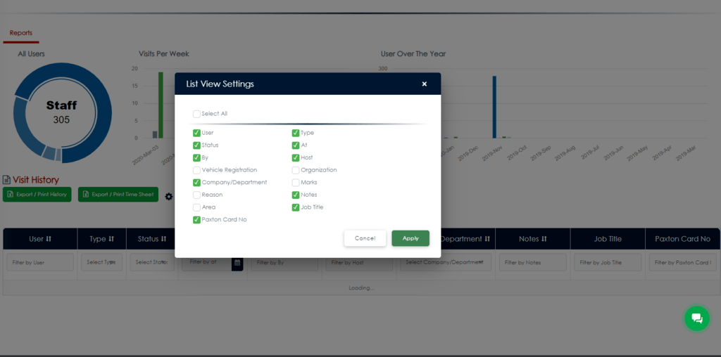 VisiPoint reports field selection