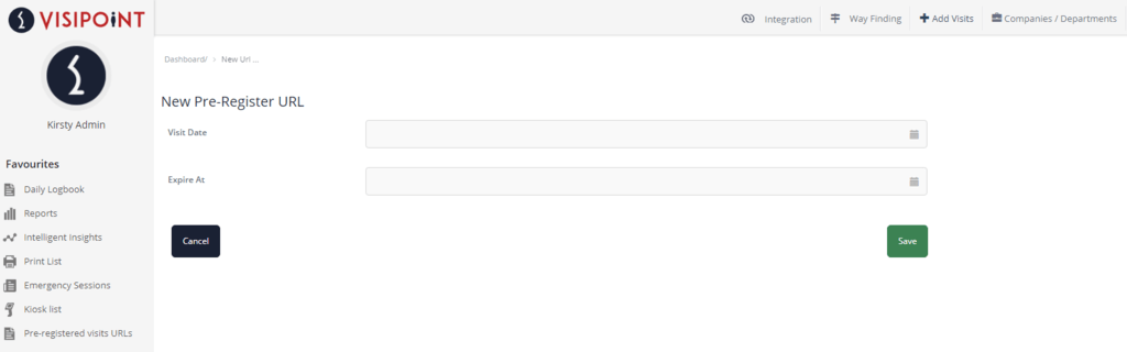 VisiPoint Admin Add Pre-Registration URL