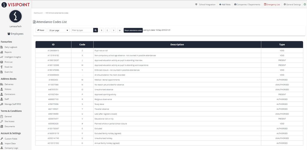 VisiPoint MIS Attendance Code List KB