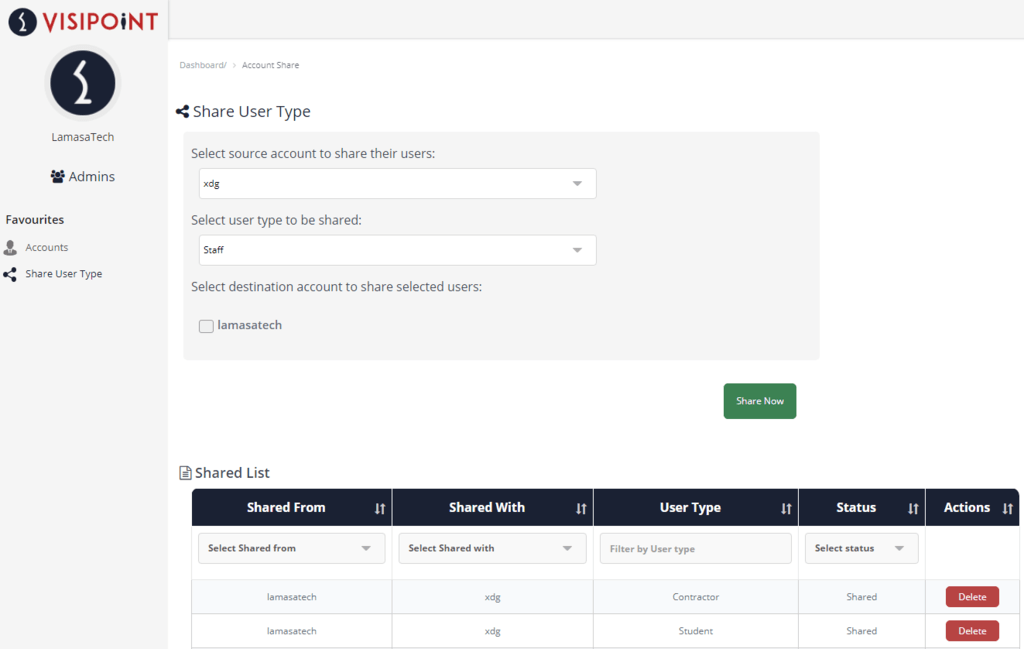 VisiPoint Share User Type Set-Up