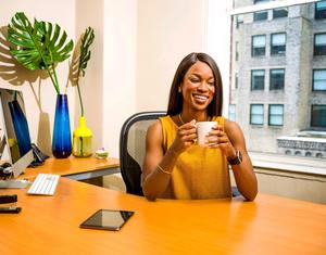 receptionist with coffee