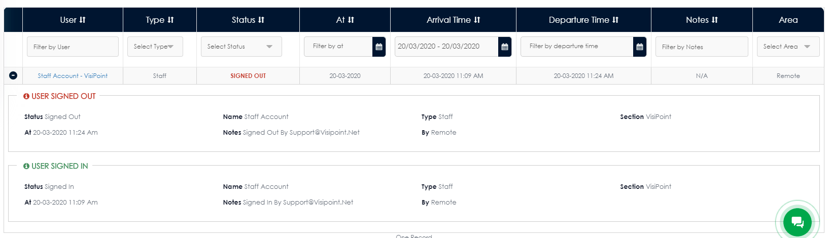 VisiPoint Employee Account Daily Logbook