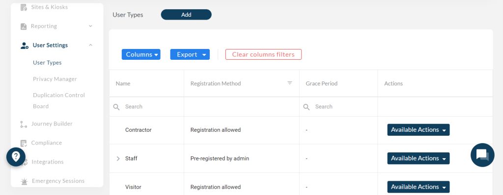 User types page