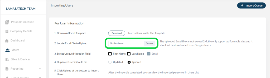 Upload the Excel sheet with your user profiles using this file selector