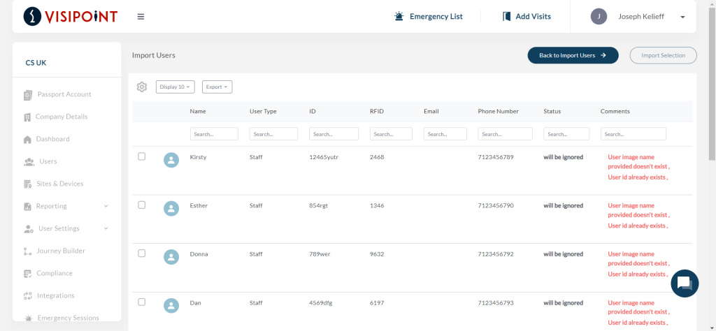 User list import error grid