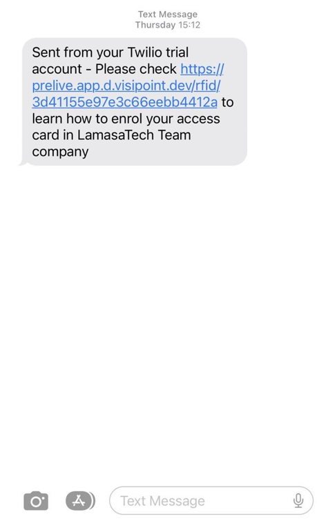 RFID enrolment text message with link to enrolment instructions