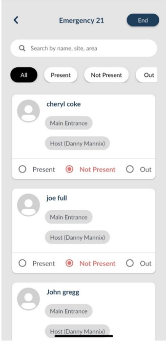 Emergency list generated on the VisiPoint app