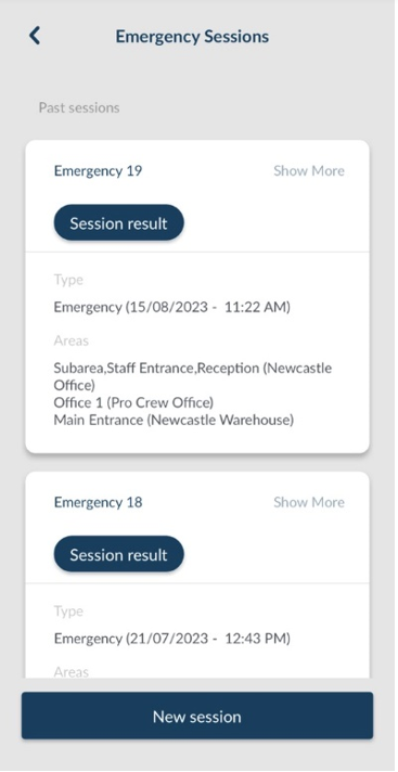 Emergency sessions page in the VisiPoint app