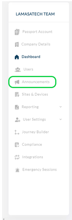 Announcements highlighted in the dashboard menu 