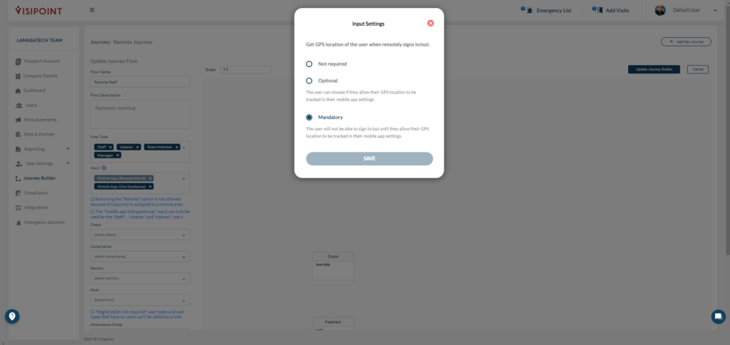 Screenshot of setting location tracking for remote workers