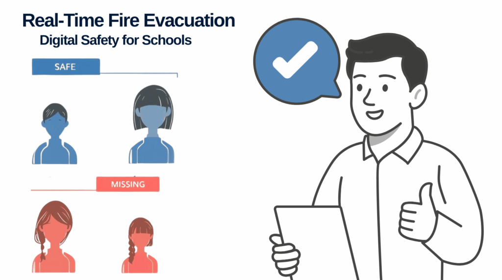 real-time, mobile fire evacuation list for school emergency procedures